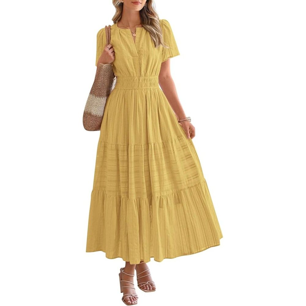 Women's Yellow V Neck Short Sleeve A Line Summer Casual Maxi Dress Pockets